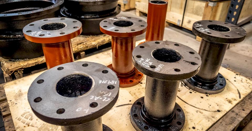 Finished flanged fabricated Ductile iron pipe.