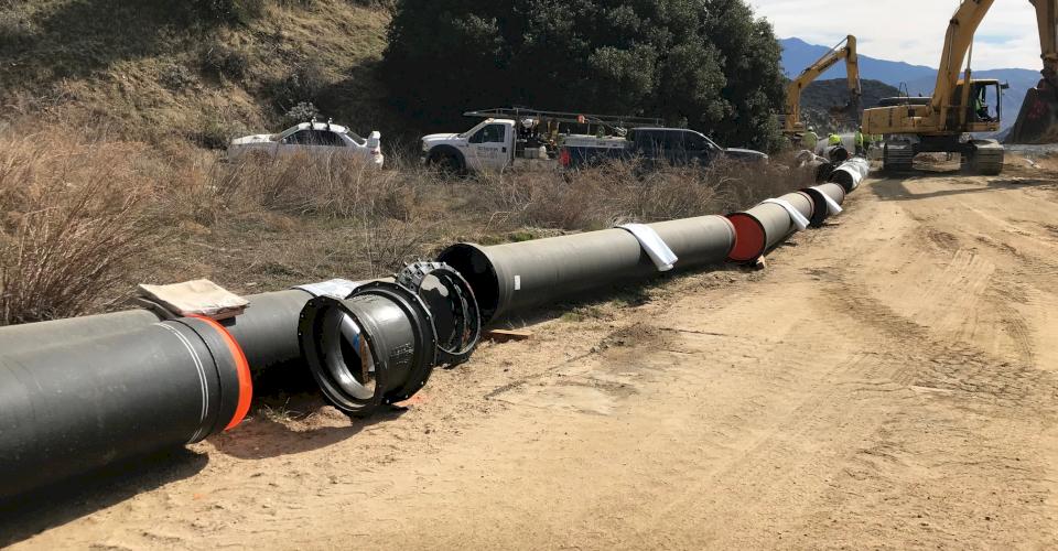 McWane Ductile 24" TR Flex, Class 250 Ductile iron pipe awaits install in Banning, CA, 2018.