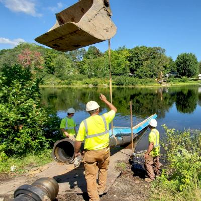 200-ft long 12" River-Crossing pipe installation by Silver Construction in Milo, ME