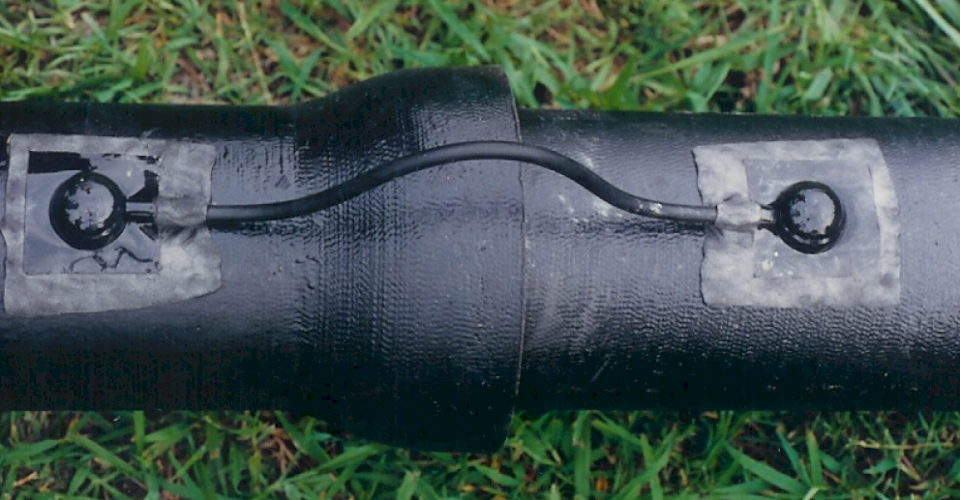 Properly CAD welded Ductile iron pipe joint to allow current to flow along pipeline.