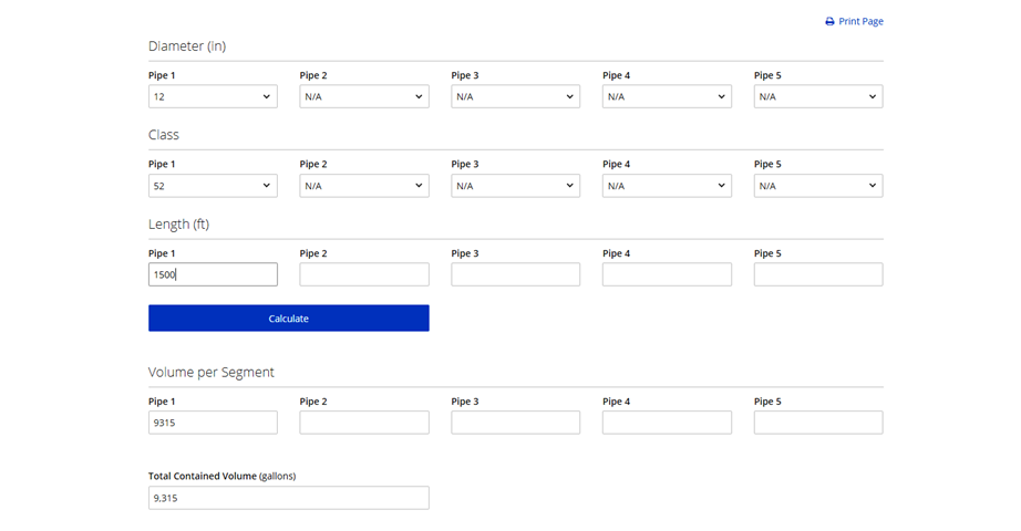 Volume Calculator SAMPLE RESULTS for 1,500 feet of 12-inch class 52 DI pipe.