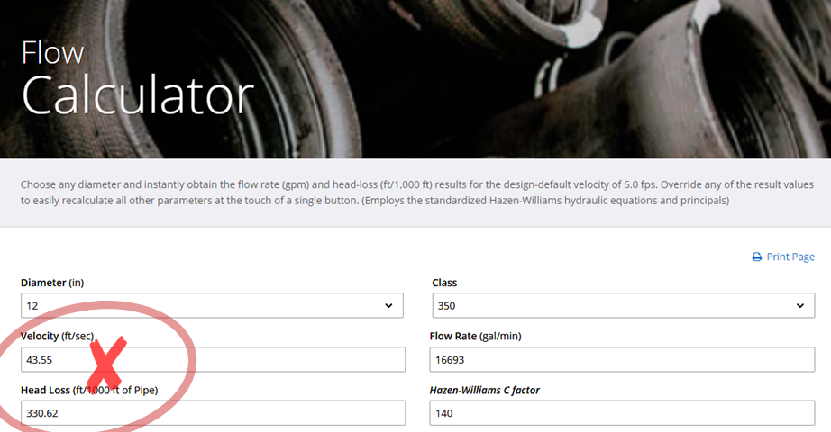 12-inch DI pipe overwhelmed by the same flow rate efficiently handled by a 36-inch DI pipe.