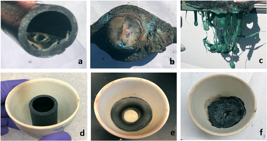 Images of fire-damaged water system components including (a) an HDPE plastic pipe, (b) a water meter, and (c) a water meter cover following the Camp Fire. Thermally degraded pipe samples in laboratory experiments include (d) PEX-c pipe degraded at 300°C, 