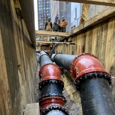 Sections of pipeline that will distribute chilled water to customers and businesses.