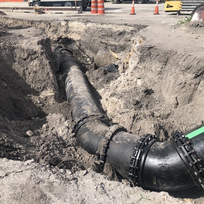 30-inch sewer force-main constructed of restrained joint DI pipe in West Palm Beach, FL.