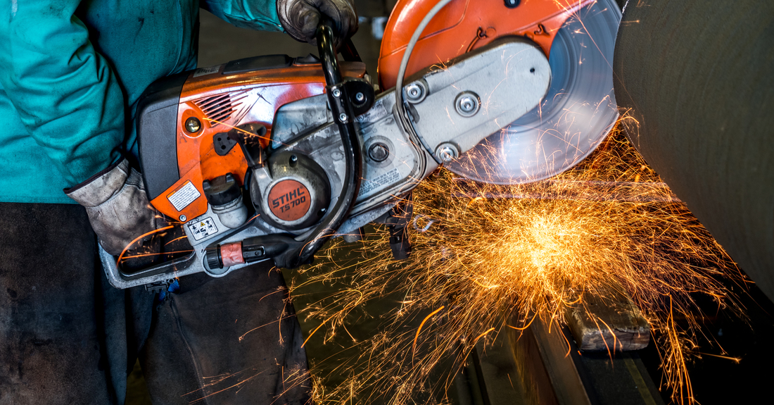 A K-12-style gas-powered saw with an abrasive cutting wheel is commonly used to cut DI pipe.
