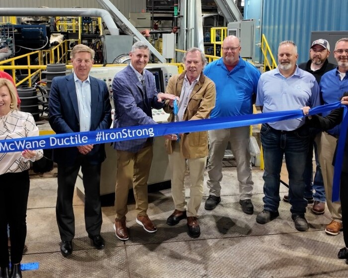 Pictured (left to right) during the ribbon-cutting ceremony: Jeff Otterstedt – McWane Ductile SVP, Rick Conkle – Coshocton County Commissioner, Amy Crown – Executive Director, Coshocton County Chamber of Commerce, Kevin Bense – Group President, Waterworks, McWane, Inc., Tom Crawford – McWane Ductile – Ohio VP/GM, Phillip McWane – Chairman, McWane, Inc., Bart Matthews – McWane Ductile ─ Ohio Operations Manager, Dave Moore – McWane Ductile ─ Ohio Finishing Superintendant, Mark Mills – Mayor, City of Coshocton, Sean Helton – McWane Ductile ─ Ohio Assistant GM, Tiffany Swigert – Executive Director, Coshocton Port Authority, Dane Shryock – Coshocton County Commissioner